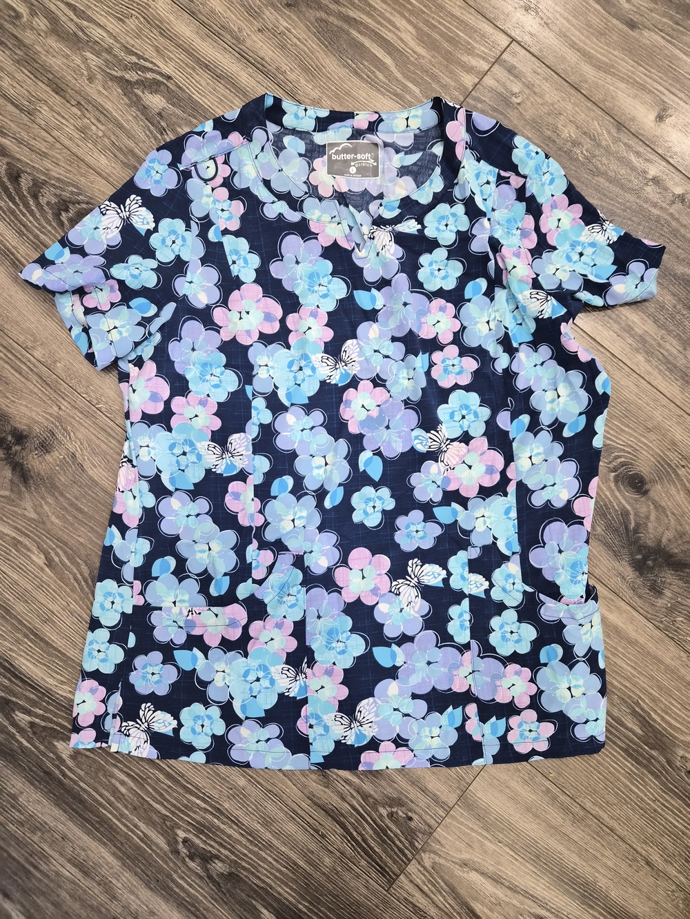 Butter Navy Floral Short-Sleeve Scrub Top with Pastel Blue and Pink Blooms